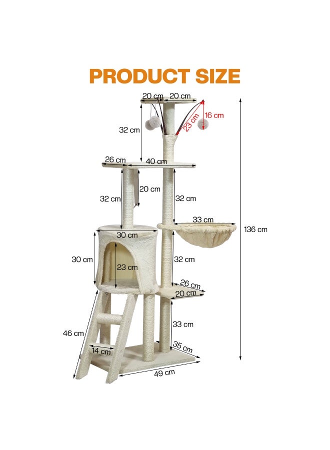 NNC PETS Cat tree tower for Indoor cats & Kittens, Multi-level cat tree activity center with hanging toys, Sisal scratching post, Cozy Hammock, Cat condo and climbing ladder, Easy assembly, 136 cm (Beige) - Image 2